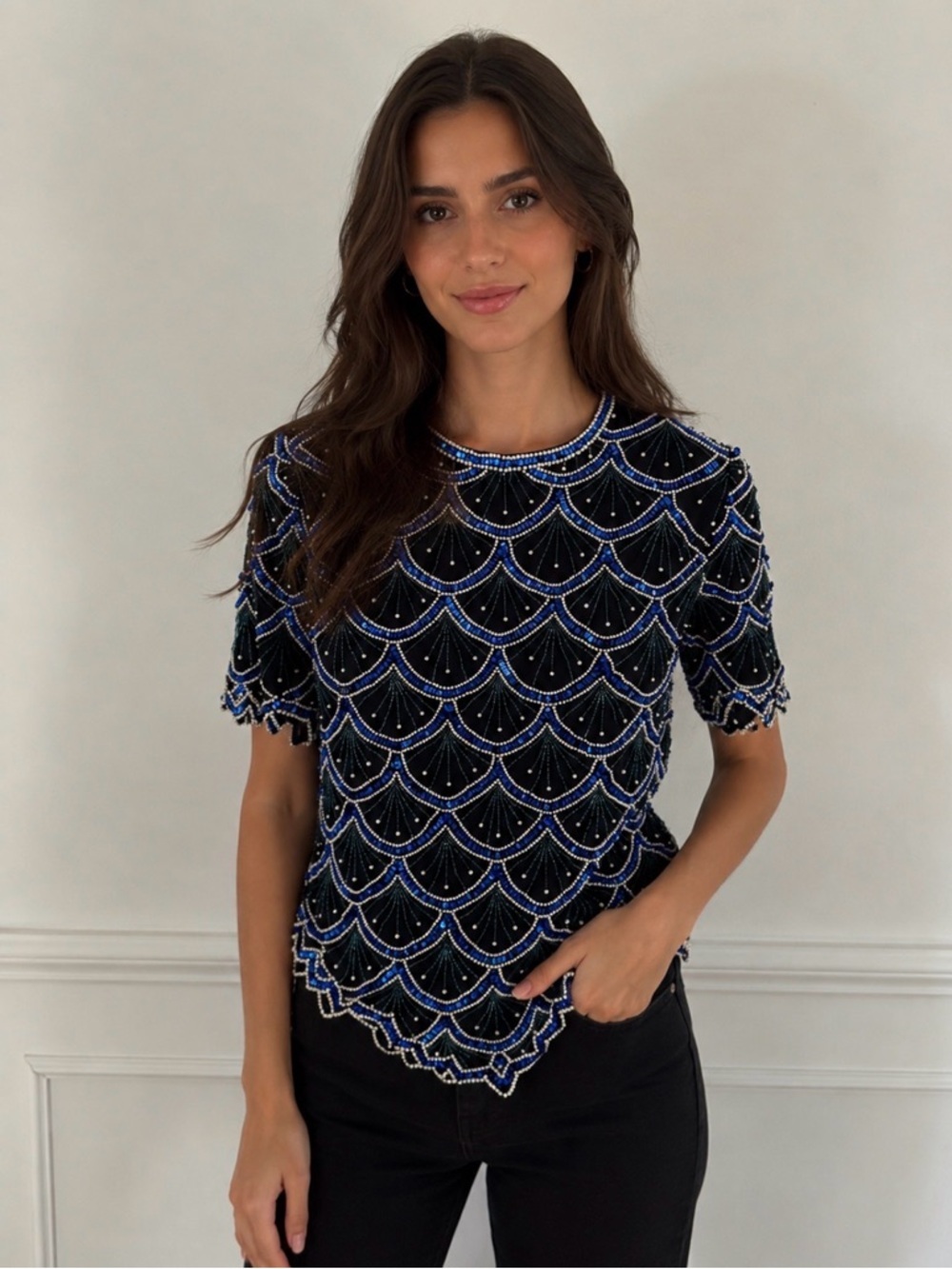 Laurence Kazar Vtg 100% Silk Beaded Pearl Sequin Scalloped Trim Top Size Medium